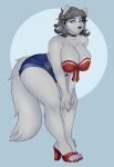  absurd_res anthro bent_over big_breasts breasts canid canine canis catsmeow cleavage clothed clothing collar female footwear fur grey_body grey_fur hair hi_res high_heels mammal mature_female shoes short_hair simple_background solo thick_thighs wide_hips wolf 