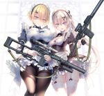  2girls 9a-91 9a-91_(girls_frontline) absurdres alternate_costume apron ass_visible_through_thighs assault_rifle bangs black_dress black_legwear blonde_hair blue_eyes blush breasts closed_mouth dress enmaided garter_straps girls_frontline gun hair_between_eyes hair_ornament hairclip highres holding holding_gun holding_weapon large_breasts long_hair long_sleeves maid maid_headdress medium_breasts multiple_girls open_mouth pantyhose pottsness rifle short_hair silver_hair sweat thighband_pantyhose thighhighs vsk-94 vsk-94_(girls_frontline) weapon white_apron white_legwear 