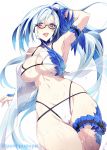  1girl bangs bare_shoulders bikini blue_eyes blush breasts brynhildr_(fate) brynhildr_(swimsuit_berserker)_(fate) cleavage collarbone fate/grand_order fate_(series) glasses highres large_breasts long_hair looking_at_viewer navel open_mouth side_ponytail silver_hair simple_background smile swimsuit very_long_hair white_background white_bikini zeroshiki_kouichi 