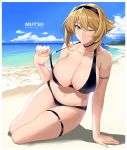  1girl alternate_hair_color arm_support beach bikini bikini_pull black_bikini black_choker black_headband blonde_hair blue_sky breasts choker cleavage collarbone fingerless_gloves flipped_hair gloves green_eyes hair_between_eyes halcon headband highres jewelry kantai_collection large_breasts looking_at_viewer mutsu_(kantai_collection) navel necklace ocean one_eye_closed shore short_hair sidelocks sky smile solo swimsuit thigh_strap 