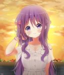  1girl artist_name bangs blurry blurry_background blush bow braid breasts cleavage closed_mouth collarbone commentary_request depth_of_field deyui dress eyebrows_visible_through_hair gochuumon_wa_usagi_desu_ka? hair_between_eyes hair_bow hair_down hand_up long_hair medium_breasts purple_eyes purple_hair red_bow short_sleeves signature solo sunset tedeza_rize upper_body very_long_hair wavy_mouth white_dress 