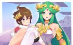  1boy 1girl brown_hair carrying choker commentary couple crown dual_persona forehead_jewel gauntlets green_eyes green_hair highres jewelry katwo kid_icarus kirby kirby_(series) lifting_person long_hair necklace one_eye_closed palutena pit_(kid_icarus) princess_carry sidelocks single_thighhigh sleeveless super_smash_bros. thighhighs 