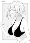  1girl ^_^ bikini breasts cleavage closed_eyes greyscale kichihachi large_breasts laughing monochrome open_mouth original short_hair solo swimsuit twitter_username upper_body upper_teeth wet 