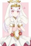  1girl animal_ears bunny_ears closed_mouth cosplay dress fake_animal_ears fire_emblem fire_emblem:_three_houses fire_emblem_heroes gloves highres long_hair lysithea_von_ordelia pink_background pink_eyes see-through_sleeves shimizu_akina simple_background solo veronica_(fire_emblem) veronica_(fire_emblem)_(cosplay) white_gloves white_hair 
