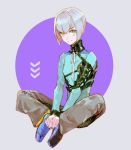  1girl aqua_shirt blue_nails breasts brown_pants full_body green_eyes indian_style nail_polish nishihara_isao original pants shiny shiny_hair shirt short_hair silver_hair sitting small_breasts smile solo 