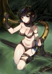  1girl absurdres animal arknights arm_strap arm_support bandeau bangs bare_arms bare_shoulders belt_pouch black_gloves black_hair black_panties blue_hairband breasts brown_eyes cleavage commentary crocodile crocodilian day eunectes_(arknights) eyebrows_visible_through_hair gloves hairband hand_up highres large_breasts leg_belt looking_at_viewer molyb navel outdoors panties parted_lips pointy_ears pouch scarf short_hair sitting snake_tail solo stomach strapless swamp tail thigh_strap thighs torn_clothes tubetop underwear water yellow_eyes 