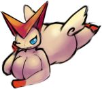  2020 anthro artesjsc big_butt big_ears black_nose blue_eyes blue_sclera breasts butt butt_wings eyelashes fangs female fur legendary_pok&eacute;mon low_res lying mammal nintendo one_eye_closed orange_body orange_fur pok&eacute;mon pok&eacute;mon_(species) presenting simple_background thick_thighs victini video_games wide_hips wings 