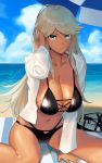  beach bikini black_swimsuit breasts cleavage collarbone dark_skin eyebrows_visible_through_hair green_eyes highres long_hair navel ohlia shirt silver_hair swimsuit umbrella white_shirt 