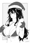  1girl blush breasts cleavage closed_mouth embarrassed gloves greyscale hands_up hat kichihachi large_breasts long_hair looking_at_viewer monochrome navel original santa_hat solo twitter_username upper_body 