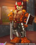  4:5 anthro armor bashbl-ux bowser digital_media_(artwork) hi_res koopa looking_at_viewer male mario_bros melee_weapon minecraft nintendo scalie shield solo sword video_games weapon 