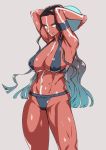  1girl arms_behind_head army bikini black_bikini black_hair blue_eyes bodypaint breasts cleavage covered_nipples fate/grand_order fate_(series) forehead genderswap genderswap_(mtf) geronimo_(fate/grand_order) highres large_breasts long_hair native_american navel rokkotsu smile solo swimsuit very_long_hair 