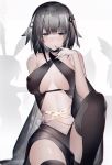  1girl alternate_costume arknights bangs bare_shoulders black_legwear breasts chinese_commentary commentary_request grey_eyes grey_hair greythroat_(arknights) hand_up large_breasts looking_at_viewer navel parted_lips short_hair stomach thighhighs thighs yushi_ketsalkoatl 