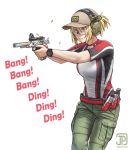  1girl baseball_cap blonde_hair ear_protection english_commentary english_text finger_on_trigger firing goggles gun handgun hat holding holding_gun holding_weapon jpc original pistol ponytail purple_eyes shooting_glasses solo watch weapon white_background wristwatch 