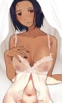  1girl babydoll bangs bare_arms bare_shoulders blue_hair blush bottomless breasts collarbone covered_nipples fingernails grey_background hand_on_own_chest hand_up highres idolmaster idolmaster_(classic) inverted_nipples large_breasts liu_chi_tiantang_fr looking_at_viewer messy_hair miura_azusa nail_polish navel nipples parted_bangs parted_lips red_eyes red_nails see-through shade short_hair solo standing stomach sweat underwear underwear_only upper_body veil white_babydoll white_background 