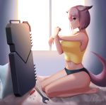  1girl animal_ears arknights bed breasts closed_mouth dur-nar_(arknights) eyebrows_visible_through_hair highres hui_yu looking_at_viewer pillow screw screwdriver see-through shield shirt short_hair sitting solo tail tools underwear 