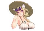  1girl animal_ear_fluff animal_ears aqua_nails arknights bangs bare_arms bare_shoulders bikini blonde_hair braid breasts cleavage commentary_request cropped_torso eyebrows_visible_through_hair fang grey_bikini hand_up hat head_tilt jewelry large_breasts long_hair looking_at_viewer nail_polish pendant purple_eyes simple_background skin_fang smile solo striped striped_bikini sun_hat swimsuit upper_body utage_(arknights) white_background yamauchi_(conan-comy) 