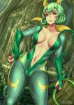  1girl bodysuit breasts collarbone eyebrows_visible_through_hair forest gen_5_pokemon green_hair hand_on_hip high_collar impossible_bodysuit impossible_clothes nature navel personification pokemon red_eyes redjet serperior short_hair skin_tight slit_pupils smile solo thorns vine_whip whip 