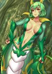  1girl absurdres bodysuit breasts collarbone commission eyebrows_visible_through_hair forest gen_5_pokemon green_hair hand_on_hip high_collar highres impossible_bodysuit impossible_clothes lamia monster_girl nature navel personification pokemon red_eyes redjet serperior short_hair skin_tight slit_pupils smile solo thorns vine_whip whip 