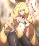  1girl absurdres animal_ears bangs black_legwear blonde_hair blurry blurry_background breasts bunny_ears bunny_tail bunnysuit closed_mouth commentary detached_collar green_eyes hand_on_hip highres leotard long_hair lusamine_(pokemon) omiza_somi pantyhose pokemon pokemon_(game) pokemon_sm shiny shiny_hair smile solo tail very_long_hair wrist_cuffs 