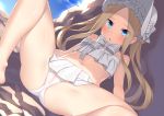  1girl :o abigail_williams_(fate/grand_order) abigail_williams_(swimsuit_foreigner)_(fate) against_rock bangs bare_legs bare_shoulders barefoot bikini bikini_skirt blush bonnet bow braid breasts brown_hair cameltoe commentary_request day dutch_angle fate/grand_order fate_(series) feet_out_of_frame forehead hair_bow long_hair lying navel on_back on_ground outdoors parted_bangs parted_lips racer_(magnet) sidelocks small_breasts solo spread_legs stomach strapless strapless_bikini striped striped_bow swimsuit thighs twintails very_long_hair white_bikini white_bow white_headwear 