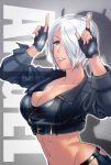  1girl angel_(kof) belt blue_eyes breasts cleavage commentary_request cropped_jacket fingerless_gloves gloves hair_over_one_eye highres jacket lips looking_at_viewer midriff navel short_hair smile solo the_king_of_fighters white_hair 