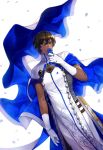  1boy arjuna_(fate/grand_order) brown_eyes brown_hair cape dark_skin dark_skinned_male fate/grand_order fate_(series) flower gijang gloves hair_between_eyes highres holding holding_flower indian_clothes long_sleeves looking_at_viewer male_focus short_hair simple_background solo white_background white_cape white_gloves 