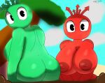  big_breasts breasts butt dezmine21 duo female goo_creature green_body green_skin hi_res humanoid looking_at_viewer nipples not_furry public public_nudity red_body red_skin swoopin&#039;_stu 