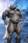  anthro beard belly biceps big_belly blue_eyes broad_chest broad_shoulders clothing equid equine facial_hair fur grey_body grey_fur hi_res horse jugg4 loincloth male mammal mountain musclegut muscular muscular_anthro muscular_male muscular_thighs night nipple_piercing nipples pecs piercing sky solo spots spotted_body spotted_fur star thick_thighs 