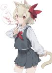  1girl absurdres animal_ear_fluff animal_ears blonde_hair bow bubble_blowing cat_ears cat_tail contrapposto cropped_legs hair_bow highres holding_own_tail kemonomimi_mode long_sleeves looking_at_viewer medium_hair neckerchief pleated_skirt red_eyes red_neckwear ribbon rumia school_uniform serafuku sh_(562835932) simple_background skirt solo tail tail_grab touhou white_background 