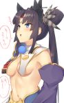  1girl armor bangs black_hair blue_eyes blush breast_curtains breasts fate/grand_order fate_(series) feathers hair_feathers japanese_armor long_hair medium_breasts navel open_mouth p!nta parted_bangs side_bun side_ponytail smile speech_bubble thick_eyebrows translation_request ushiwakamaru_(fate/grand_order) 