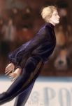  absurdres axis_powers_hetalia black_pants black_shirt blonde_hair blurry blurry_background closed_eyes closed_mouth cosplay eyelashes feet_out_of_frame floating_hair frilled_sleeves frills from_side highres ice_skating leaning_forward long_sleeves male_focus merasgar pants profile russia_(hetalia) see-through_sleeves shirt skating solo sparkle turtleneck 