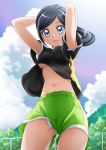  1girl :d arms_up ass_visible_through_thighs bangs black_hair black_shirt breasts cloud cowboy_shot day floating_hair from_below green_shorts grey_eyes hair_over_shoulder hanzou healin&#039;_good_precure highres long_hair looking_at_viewer looking_down navel open_mouth outdoors panties panty_peek ponytail precure sawaizumi_chiyu shiny shiny_hair shirt short_shorts short_sleeves shorts smile solo standing stomach swept_bangs underboob underwear 