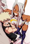  1boy 1girl absurdres against_wall age_difference animal_ears arm_up assertive bakugou_katsuki bangs bare_arms bare_shoulders biceps blonde_hair blush boku_no_hero_academia breasts bunny_ears camisole commentary crossed_arms dark_skin embarrassed english_commentary evil_eyes evil_grin evil_smile eyebrows_visible_through_hair eyelashes eyes_visible_through_hair fang forehead foreshortening from_above fur_collar gloves grey_hair grin hand_on_hip hand_on_wall height_difference highres large_breasts leaning_forward leotard long_eyelashes long_hair looking_at_another medium_hair mirko nisego nose_blush open_mouth pants rabbit_girl red_eyes shoes signature smile spiked_hair standing standing_on_one_leg superhero taut_leotard teeth thick_thighs thighhighs thighs toned toned_male v-shaped_eyebrows wall wall_slam 