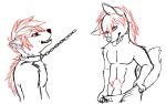  16:10 anonymous_artist anthro black_and_white canid canine canis clothing hi_res leash looking_at_viewer male mammal monochrome muscular muscular_anthro muscular_male pubes_exposed red_and_white sketch solo tongue tongue_out undressing widescreen wolf 