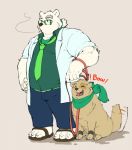  2020 anthro belly bottomwear canid canine canis clothing cu_sith_(tas) domestic_dog duo exe_exem eyes_closed eyewear feral glasses kemono leib_(tas) male mammal necktie overweight overweight_male pants polar_bear scarf shirt smoking tokyo_afterschool_summoners topwear ursid ursine video_games 