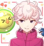  1boy ahoge bangs bede_(pokemon) blonde_hair coat commentary curly_hair eyebrows_visible_through_hair eyelashes gen_5_pokemon gloves hand_up heart highres holding holding_poke_ball looking_to_the_side parted_lips poke_ball pokemon pokemon_(creature) pokemon_(game) pokemon_swsh popped_collar purple_coat purple_eyes smile solosis tanbonota46 teeth upper_body 