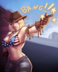  1girl american_flag_bikini bikini blonde_hair breasts brown_gloves cleavage commentary cowboy_hat dead_or_alive dead_or_alive_5 denim english_commentary english_text finger_gun flag_print gloves hand_on_hip hat highres jeans jewelry l0ngsword large_breasts lips navel nose pants pendant short_hair solo sound_effects swimsuit tina_armstrong toned 