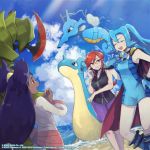  3girls blue_footwear blue_gloves blue_hair boots bracelet clair_(pokemon) closed_eyes cloud commentary dark_skin dated day english_commentary eyelashes gen_1_pokemon gen_2_pokemon gen_5_pokemon glasses gloves hand_up haxorus highres iris_(pokemon) jewelry kingdra knees lapras long_hair long_sleeves lorelei_(pokemon) multiple_girls official_art open_mouth orange_eyes outdoors pokemon pokemon_(creature) pokemon_(game) pokemon_masters_ex purple_hair purple_skirt red_eyes red_hair shore skirt sky tied_hair upper_teeth water watermark 