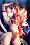  1girl absurdres bikini blue_fire commentary_request dual_wielding fate/grand_order fate_(series) fingerless_gloves fire flaming_sword flaming_weapon gloves hair_ornament highres holding holding_sword holding_weapon horns katana long_hair looking_at_viewer midriff navel nine7284 oni_horns purple_bikini red_eyes red_horns reverse_grip see-through see-through_sleeves short_sleeves silver_hair solo swimsuit sword tomoe_gozen_(fate/grand_order) tomoe_gozen_(swimsuit_saber)_(fate) very_long_hair waist_cape weapon 