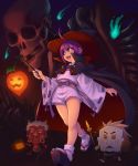  1girl :d ahoge bakumatsu_rouman bow cape extra_eyes full_body gashadokuro hair_bow halloween hat holding ichijou_akari jack-o&#039;-lantern japanese_clothes kimono long_hair looking_away monster nose_piercing nose_ring oni open_mouth piercing polearm ponytail popped_collar purple_bow purple_eyes purple_hair red_bow red_oni sandals sharp_teeth shorts skeleton smile socks spear stupa13a teeth waist_bow walking weapon white_shorts witch_hat yellow_sclera 