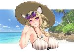  1girl animal_ear_fluff animal_ears aqua_nails arknights bangs bare_arms bare_shoulders bikini blonde_hair blue_sky braid breasts cleavage cloud commentary_request cropped_torso day eyebrows_visible_through_hair fang grey_bikini hair_over_shoulder hand_up hat head_tilt jewelry large_breasts long_hair looking_at_viewer nail_polish ocean outdoors pendant purple_eyes skin_fang sky smile solo striped striped_bikini sun_hat swimsuit tree upper_body utage_(arknights) water yamauchi_(conan-comy) 