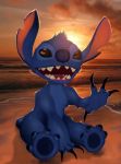  2014 4_fingers 4_toes absurd_res alien beach blue_body blue_fur blue_nose blue_pawpads caio_santos claws disney experiment_(lilo_and_stitch) fingers fur head_tuft hi_res lilo_and_stitch male male_(lore) notched_ear open_mouth open_smile pawpads seaside semi-anthro sharp_teeth sitting small_tail smile solo stitch_(lilo_and_stitch) sunset teeth toe_claws toes tuft 