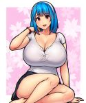  1girl black_skirt blue_hair breasts cleavage english_commentary erkaz hairband hand_on_ground highres huge_breasts looking_at_viewer open_mouth original red_eyes red_hairband rina_atherina shirt short_hair sitting skirt solo white_shirt 