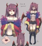  1girl bare_shoulders boots character_name character_sheet demon_girl demon_horns demon_wings eyes_visible_through_hair fang gold_trim grey_background highres horns long_hair midriff nagase_kei navel original purple_hair red_eyes short_shorts shorts skin_fang suspenders tearing_up thigh_boots thighhighs wavy_mouth wings 