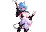  aqua_hair bikini_top boots breasts demon horns nopan onsoku_inu original pointed_ears red_eyes short_hair spear tail thighhighs weapon white 