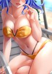  1girl absurdres artist_name ayakase_hotaru beach_chair bikini blue_hair blush breasts cleavage collarbone head_out_of_frame highres kantai_collection large_breasts navel open_mouth short_hair signature sitting smile solo strapless strapless_bikini swimsuit urakaze_(kantai_collection) yellow_bikini 