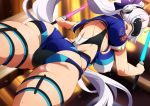  1girl ass bangs blue_bow blue_jacket blue_swimsuit blush bow breasts dual_wielding energy_sword fate/grand_order fate_(series) hair_between_eyes hair_bow head_mounted_display headphones highleg highleg_swimsuit highres holding jacket large_breasts long_hair looking_at_viewer looking_back magukappu one-piece_swimsuit open_mouth ponytail short_sleeves silver_hair smile swimsuit sword thighs tomoe_gozen_(fate/grand_order) tomoe_gozen_(swimsuit_saber)_(fate) two-tone_swimsuit weapon white_swimsuit 