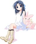  1girl arm_supoort bad_id black_hair blue_eyes blue_ribbon boots brown_footwear dress hair_ribbon kawana_misaki long_hair makku~ one ribbon shadow sitting sleeveless sleeveless_dress smile solo stuffed_animal stuffed_bunny stuffed_toy white_dress 