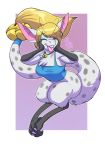  absurd_res anthro bell bell_collar bottomless chest_tuft clothed clothing collar eyes_closed female floating hand_on_cheek hands_on_cheeks hi_res lavenderpandy mammal out-of-placers partially_clothed prehensile_feet simple_background solo tail_bell thick_tail tongue tongue_out tuft veela webcomic yinglet 