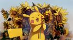  cheek_press closed_eyes commentary_request flower gen_1_pokemon hands_up highres holding holding_flower no_humans open_mouth pikachu pokemon pokemon_(creature) smile sunflower tongue yukichi_(tsuknak1) 